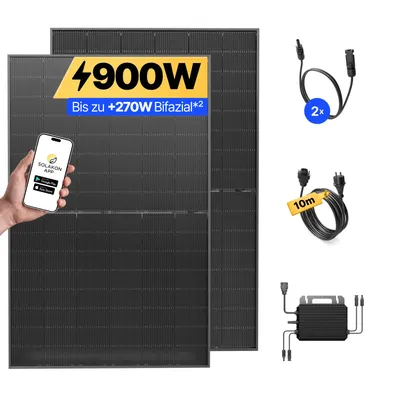 Produktbild von Balkonkraftwerk 900W Solaranlage Steckerfertig Komplettset Photovoltaik Anlage 800W, Kabellänge: 10m, Solakon - onLite