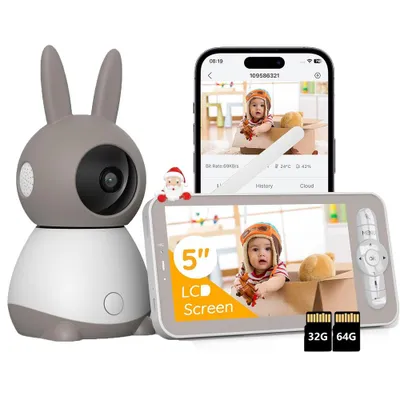 Image de Babyphone avec caméra 2K 5 pouces WLAN vidéo babyphone PTZ 360° vision nocturne IR suivi automatique pleurs/mouvement/détection de bruit avec 32G & 64G