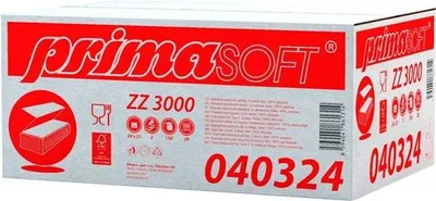 A cardboard box containing paper hand towels, with branding and product information printed on it.