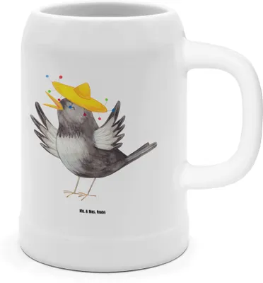 Produktbild von Mr. & Mrs. Panda Bierkrug Rabe Sombrero - Weiß - Geschenk, Elster, Bierbecher, Bier Seidel, Steinkrug, glücklich sein, Spruch Positiv, Vögel, Tonkrug, Vogel, Gute Laune