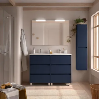 Produktbild von Badezimmermöbel BALTIC 1200 6 Schubladen BLUE SATIN + Waschtisch + Spiegel