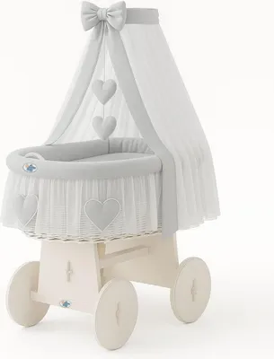 Produktbild von Babywiege aus Korbgeflecht mit Dach – handgeflochtener Korb, stabile, atmungsaktive und hochwertige Matratze