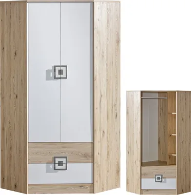 Produktbild von Furniture24 Eckkleiderschrank NICO 02, Eckschrank, Drehtürenschrank, Schrank mit 2 Schubfächern, 3 Einlegeboden und Kleiderstange Hell Eiche/Weiß/Grau