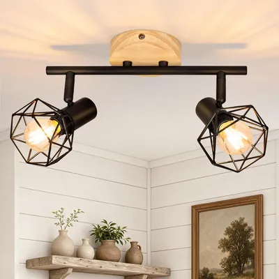 Produktbild von ZMH Deckenstrahler 2 Flammig Deckenleuchte Schwarz Holz Flurlampe Küchelampe Decke Industrial Deckenspots E14 Schwenkbar 350° Spotlight Schlafzimmer