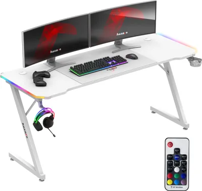 Produktbild von huzaro Hero 4.8 RGB | LED Gaming PC Tisch Schreibtisch | Inklusive Mauspad | Kopfhörerhaken Getränkehalter | Kabelorganisator | 160x60cm | Weiß