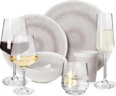 Produktbild von Melamin Camping Geschirr Set 4 Personen Amboss Design 16 Teilig + 16 Milano Gläser Wassergläser Weingläser Champagner-Gläser Flûtes Tafelgeschirr Picknick BBQ Kochgeschirr