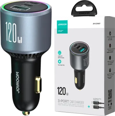 Zdjęcie produktu dla Ładowarka Samochodowa Joyroom Jr-Ccn07 120W 2Xusb-C Usb-A + Kabel Usb-C 100W - Ciemnoszara