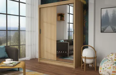 Zdjęcie produktu dla Szafa 2-drzwiowa przesuwna RIO 150x215cm dąb sonoma – lustro na froncie, w zestawie półki, drążek na ubrania, solidne wykonanie, łatwy montaż