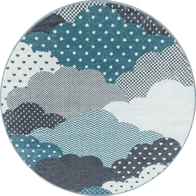 Produktbild von Kinder Teppich Kinderzimmer für Jungs und Mädchen Blau 120x120 weich Wolken Design bunt aus Regenbogen Fußball uvm. Rund aus Polypropylen