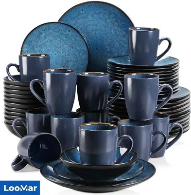 Zdjęcie produktu dla Komplet eleganckiego zestawu obiadowego - 48 elementów - na 12 osób - porcelana - zestaw do serwowania stołu - miski - talerze - zestaw - kolor niebieski - zestaw ślubny