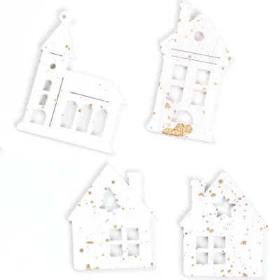 Produktbild von Oblique Unique Holz Konfetti Häuser Streudeko Winter Glitzer Tisch Deko für Advent Weihnachten Weihnachtsdeko - weiß gold