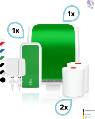 Produktbild von KOMPLETT-SET Waschraum: Handtuchrollenspender AUTOCUT + 2 TAD Handtuchrollen + Schaumseifenspender SENSOR + 2 Kartuschen : Farbe - Grün / Weiß Farbe: Grün / Weiß