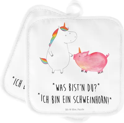 Produktbild von Mr. & Mrs. Panda 2er Set Topflappen Einhorn Schwein - Weiß - Geschenk, Einhörner, Topfhandschuh, Unicorn, Ofenhandschuh, Topflappen Set, Ofenhandschuhe, Freundschaft