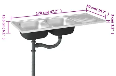 Obrázek produktu pro vidaXL Dvojdřez stříbrný 1200x500x155 mm nerezová ocel