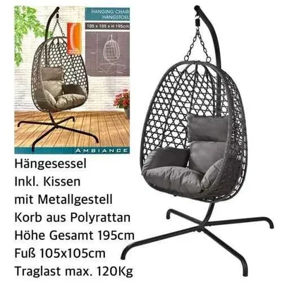 Produktbild von Hängesessel mit Gestell bis 120 kg, dunkelgrauer Hängestuhl mit Kissen, Hängekorb und Schaukelstuhl für Garten, Balkon und Terrasse