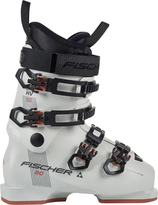 A white Fischer ski boot with black buckles and straps, shown from the side against a white background.