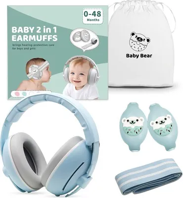 Immagine prodotto di Set di protezione dell'udito Youha - Protezione dell'udito adatta a neonati e bambini (0-4 anni) - Set 2 in 1 - Chiusura antiscivolo e in velcro - Colore: blu