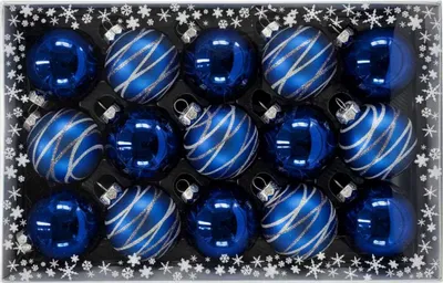 A box of 15 midnight blue Christmas ornaments with silver stripes.