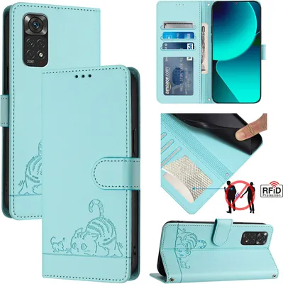 Image de Etui en cuir pour Xiaomi Redmi Note 11s / Note 11 4G / Note 12S 4G, étui en cuir pour Xiaomi Redmi Note 11s / Note 11 4G / Note 12S 4G, étui en cuir avec fonction stand et portefeuille vert clair