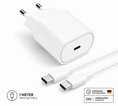 Produktbild von Schnellladegerät Netzteil USB-C Universal 25W mit Ladekabel – Für iPhone, Samsung , etc. – Weiß / Typ C 1 Meter