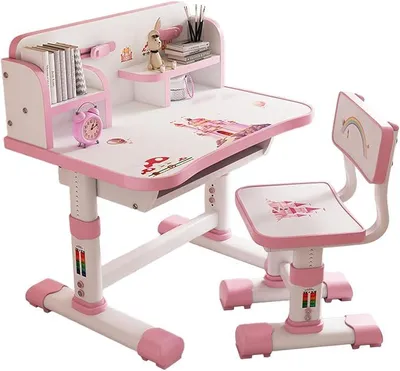 Image de Bureau et chaise réglables en hauteur pour enfants, ensemble de bureau ergonomique avec motifs de dessins animés, idéal pour l'école et l'apprentissage