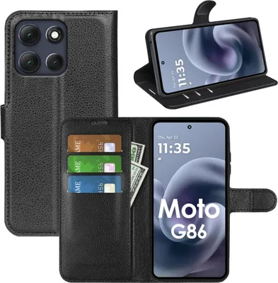 A collage of images showing a black flip wallet case for a Motorola Moto G86 5G phone, with the phone inserted and cards/cash visible.