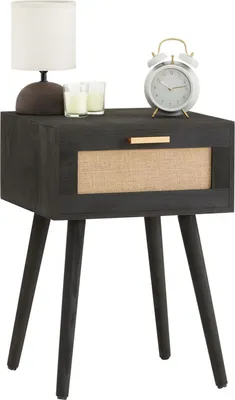 Produktbild von Nachttisch KIRAN in schwarz, Nachtschrank mit 1 Schublade, Nachtkommode imBoho Style und Jute Geflecht, Beistelltisch aus Paulownia Holz