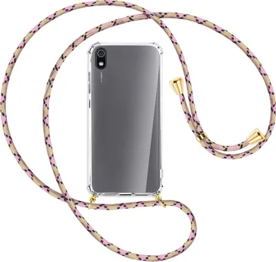 Produktbild von Handykette Backcover-Schutzhülle mit Band (Metall goldfarben) für Xiaomi Redmi 7A - rosa Karo