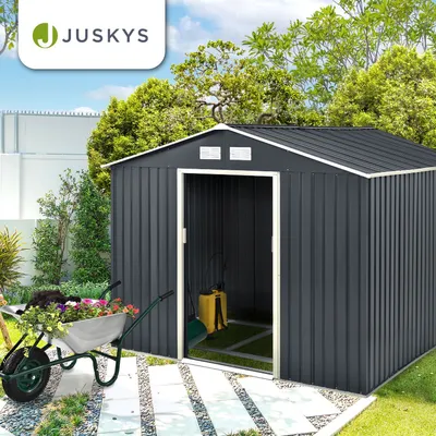 Produktbild von Juskys Metall Gerätehaus XXL mit Satteldach, Tür & Fundament - 15m³ groß - Anthrazit