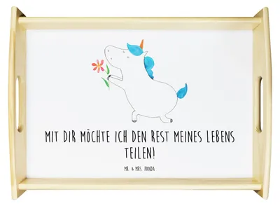 Produktbild von Mr. & Mrs. Panda Tablett Einhorn Blume - Weiß - Geschenk, Liebe, Bett-Tablett, Unicorn, Serviertablett, Heiratsantrag, Holztablett, Einhörner, Freundin, Servier, Snack