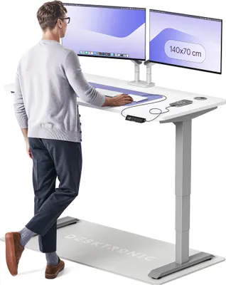Zdjęcie produktu dla Desktronic HomePro elektryczne biurko z regulacją wysokości 140x70cm szaro-białe z funkcją pamięci, technologią antykolizyjną, portami ładowania USB-A i USB-C