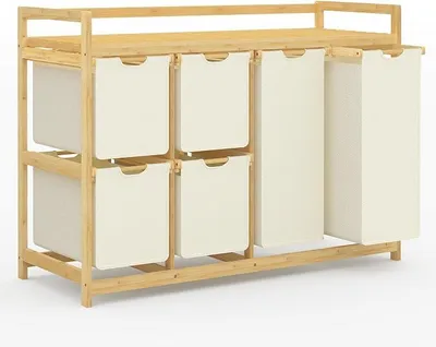 Zdjęcie produktu dla Koszyk na pranie o pojemności 200 litrów, z 6 przegródkami. Duży kosz na pranie, sorter do prania z 2 workami na pranie i 4 pojemnikami na tkaniny. Kosz na pranie, bambusowa półka na pranie do łazienki lub sypialni, kolor beżowy