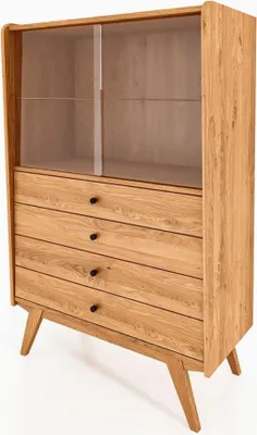 Produktbild von Vitrine Jetro Wildeiche massiv 100x154x50 cm 4 Schubladen offenes Fach mit Glas