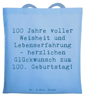 Produktbild von Mr. & Mrs. Panda Shopping Tasche Spruch 100. Geburtstag - Sky Blue - Geschenk, Jutetasche, Handgefertigt, Schultasche, Einkaufstasche, Glückwunsch, Meilenstein, Tote Bag