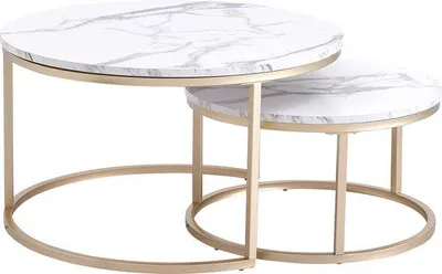 Zdjęcie produktu dla Stoły do salonu w stylu industrialnym – zestaw 2 sztuk – 60 i 40 cm – stolik kawowy – stolik pomocniczy – 2 sztuki – okrągłe stoły do salonu – stoły do salonu w stylu industrialnym – biały – złoty