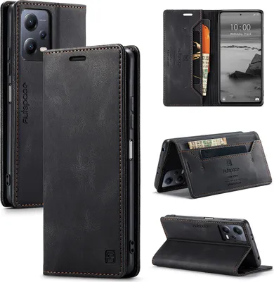 Image de Etui Redmi Note 12, étui rétro en cuir PU, support et étui de protection pour Xiaomi Redmi Note 12 5G noir