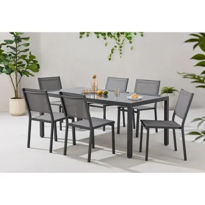 Image de Ensemble Repas de Jardin 6 Personnes, Table Aluminium Verre Trempé, Chaises Textilène Gris Anthracite, 180 x 90 x 74 cm