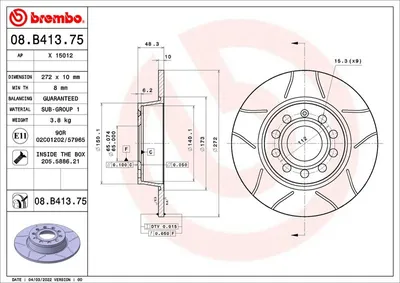 Produktbild von 2x BREMBO Bremsscheibe 08.B413.75 für VW TOURAN (1T1 1T2) GOLF VI (5K1) 48 3mm