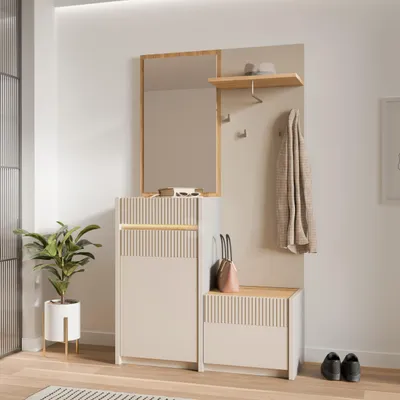 Produktbild von Forte OAK SQUERE Garderobe 100 110, elegante Garderobe mit Spiegel, Kleiderstange und Aufbewahrung, Holzwerkstoff, Mauvella Eiche Holzdekor / Sand, 108,4 cm breit x 195,9 cm hoch x 41,7 cm tief