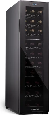 Zdjęcie produktu dla Klarstein Wolnostojąca lodówka na wino z 2 strefami, mała lodówka na napoje, mała szafka na wino, mała lodówka na wino z szklanymi drzwiami, lodówka na butelki do użytku wewnątrz i na zewnątrz, lodówka na wino, 27 butelek