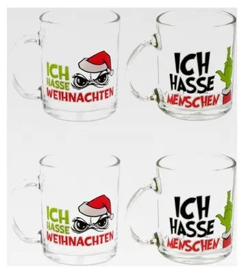 Produktbild von Trinkglas mit Henkel für Weihnachtsmuffel, 350 ml, 4er Set