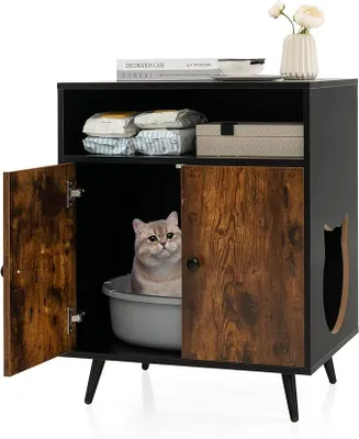 Produktbild von Katzenschrank Katzentoilette, Katzenhaus mit Doppeltüren & Eingang & offenem Regal, Katzenhöhle Katzenklo Schrank, Katzenmöbel Beistelltisch, für Katzen Hunde Haustier, Braun+Schwarz