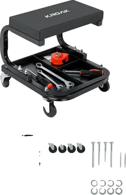 Produktbild von Werkstattstuhl, Tragfähigkeit 120 kg, Metallrahmen, gepolsterter Sitz, Werkzeugablage enthalten, benutzerfreundliches Design