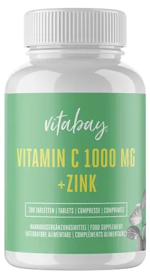 Produktbild von Vitabay Vitamin C Zink Tabletten 200 Vegane Tabletten 1000mg - Vitamin C hochdosiert Zink hochdosiert 1000mg C+ Kapseln