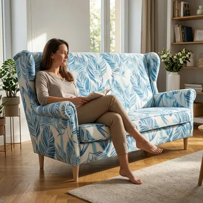 Produktbild von Schlafsofa ARI Poly 5 – im Ohrensessel-Stil, Webstoff in Hellblau (Skandi), Family Meble, KI-generiertes Bild