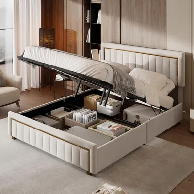 Produktbild von Polsterbett 180x200 cm mit Stauraum, Doppelbett mit Lattenrost und hydraulischem Hebemechanismus, Samtbett mit gepolstertem Kopfteil, goldfarbenen Akzenten, Beige, ohne Matratze