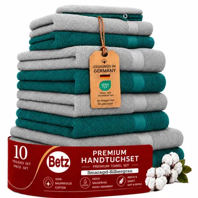 Produktbild von Betz 10-tlg. Handtuch-Set PREMIUM 2 Duschtücher 4 Handtücher 2 Gästetücher 2 Waschhandschuhe  Farbe:  smaragdgrün & silbergrau