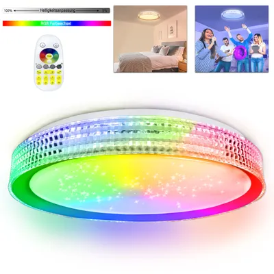 Produktbild von LARS360 LED Deckenleuchte mit Sternendekor 60W RGB Dimmbar Deckenlampe mit Fernbedienung Acryl Wohnzimmer Schlafzimmer Ø50cm (Grau Innenring)