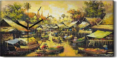 Produktbild von Wanduhr Bürouhr Leinwand Bild 60x30 Gemälde Fluss Boote Dorf Bäume Himmel - schwarze Hände