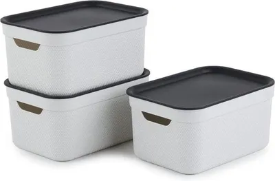 Image de Dekobox Set de 3 boîtes de rangement 5l avec couvercle - plastique - blanc/anthracite - 3x5l - 26,5 x 18,5 x 13,2 cm